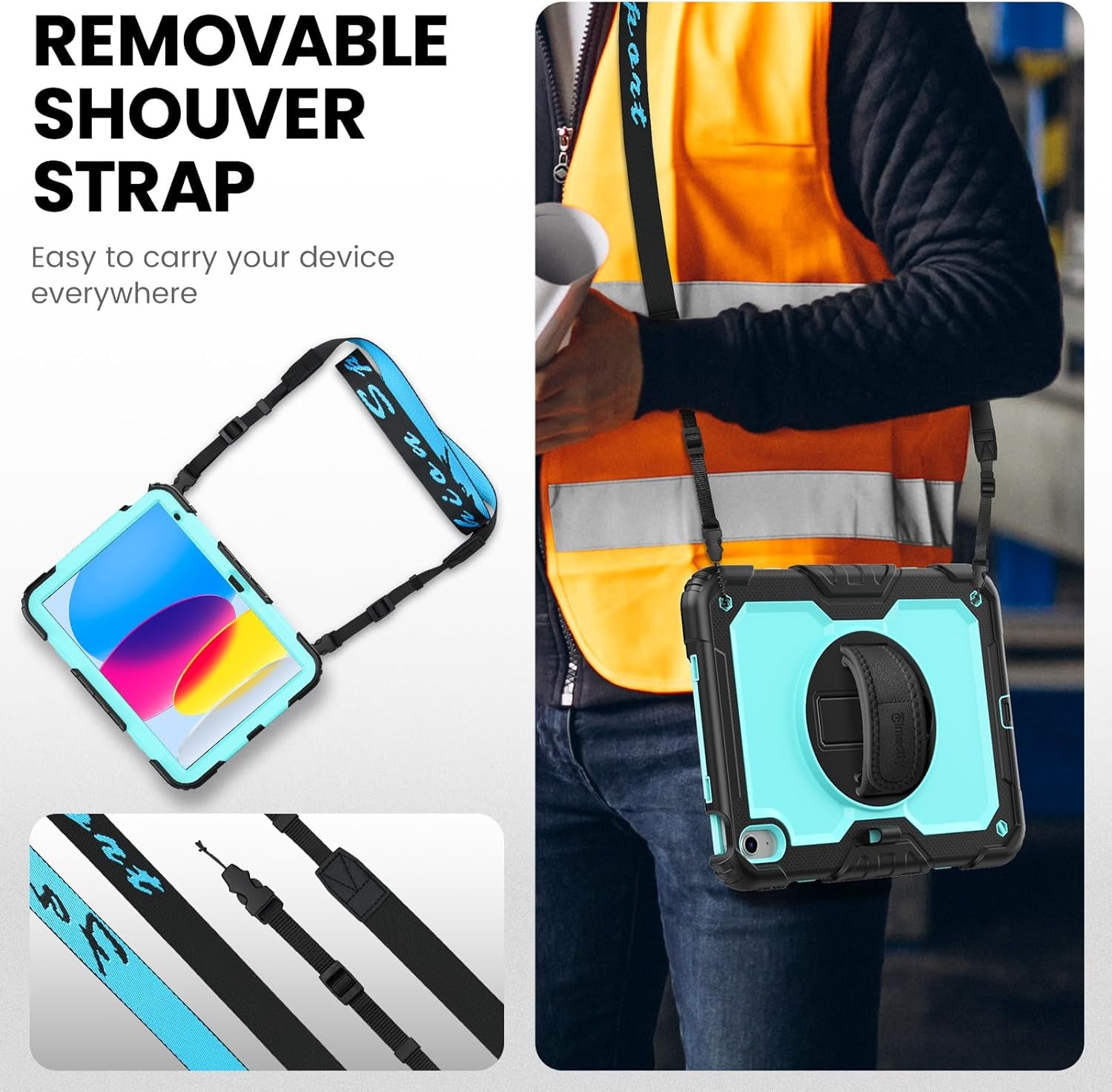 for Ipad (A16) 11Th/ 10Th Generation Case 11''/ 10.9 Inch (2025/2022) - Heavy Duty Protective Cover with Screen Protector, Stand, Shoulder Strap & Pencil Holder | Kids-Friendly - Light Blue