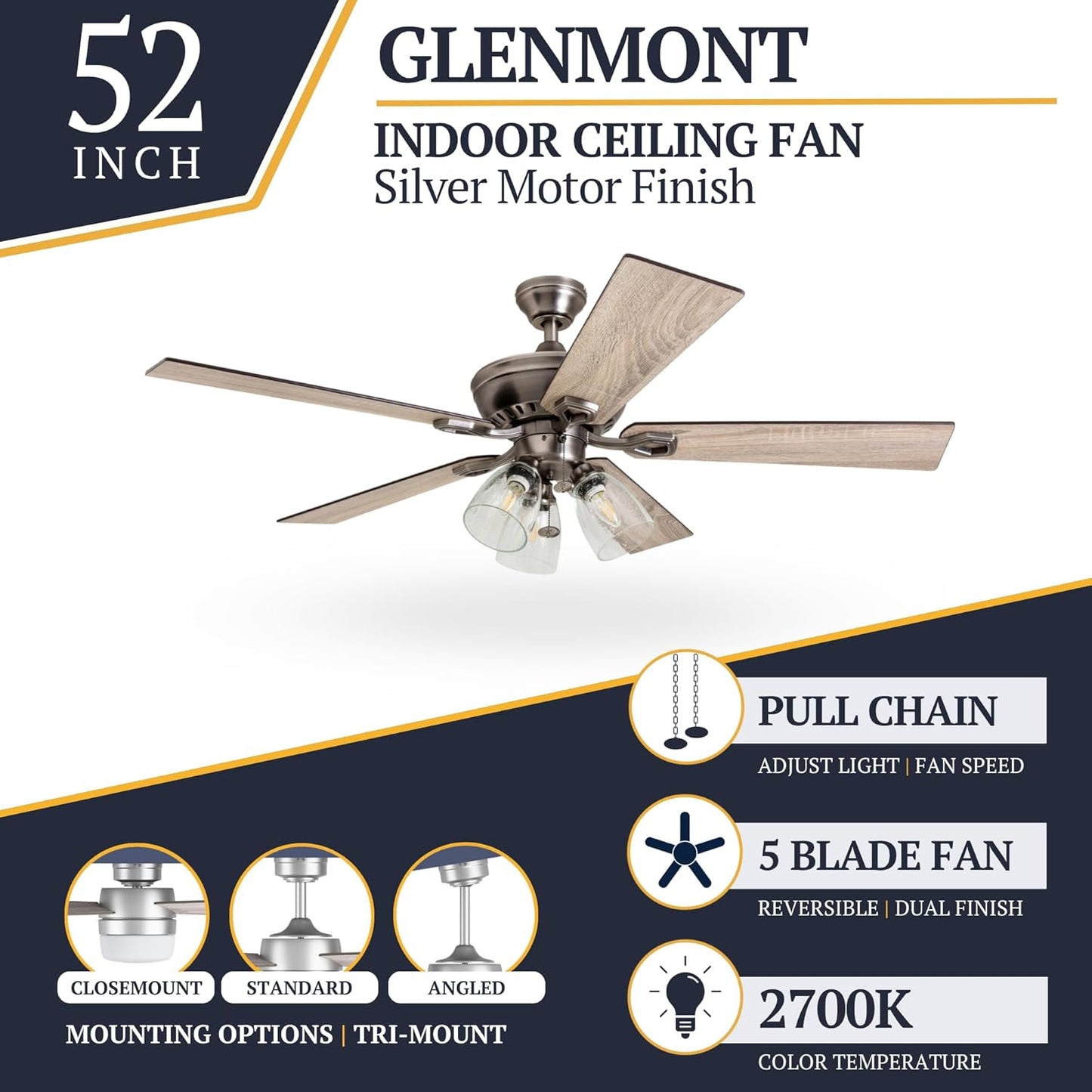 Glenmont, 52 Inch Farmhouse LED Ceiling Fan with Light, Pull Chain, Three Mounting Options, Dual Finish Blades, Reversible Motor - 50388-01 (Pewter)