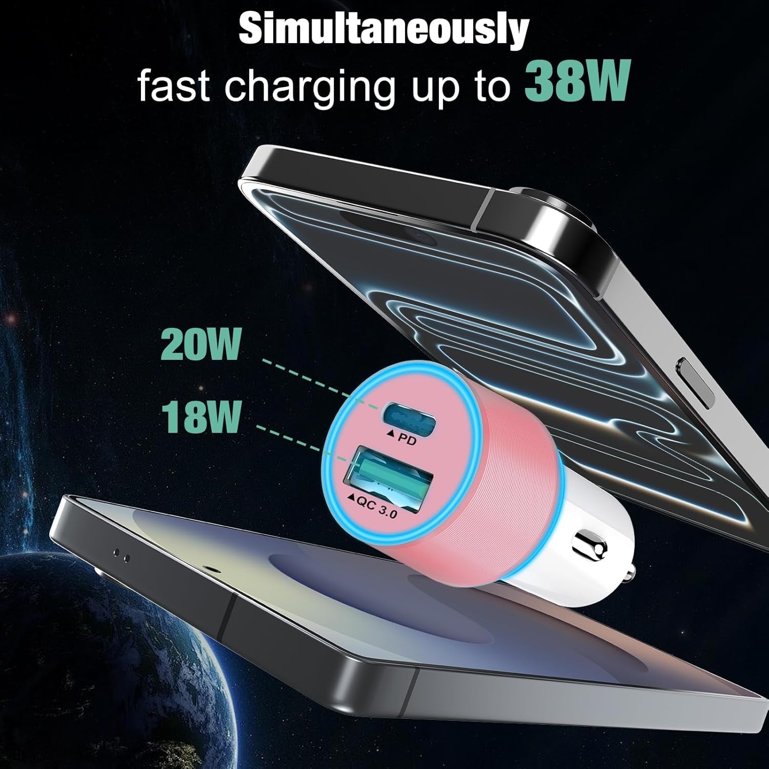 38W USB C Car Charger Adapter, 20W Fast USB-C & 18W Rapid QC3.0 Ports, 12V Cigarette Lighter Adapter for Iphone 17/16 /15, Google Pixel, Samsung, Android Phones Auto Accessories for Men - Pink