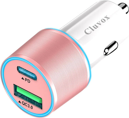 38W USB C Car Charger Adapter, 20W Fast USB-C & 18W Rapid QC3.0 Ports, 12V Cigarette Lighter Adapter for Iphone 17/16 /15, Google Pixel, Samsung, Android Phones Auto Accessories for Men - Pink