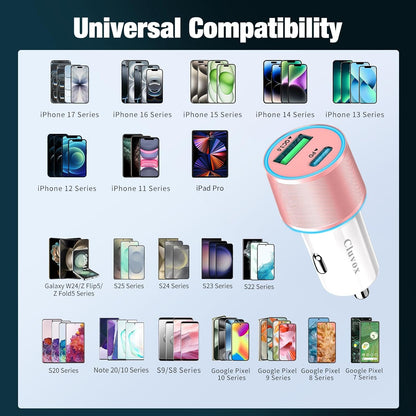 38W USB C Car Charger Adapter, 20W Fast USB-C & 18W Rapid QC3.0 Ports, 12V Cigarette Lighter Adapter for Iphone 17/16 /15, Google Pixel, Samsung, Android Phones Auto Accessories for Men - Pink